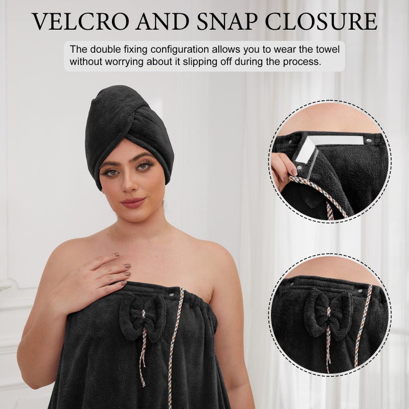 GOSCHE Towel Wrap for Women Plus Size (XXL-XXXXL) with Hair Towel Wrap  Spa Shower Wrap Towel  Adjustable Closure Bath Wrap Oversized Towel  Black - Image 4