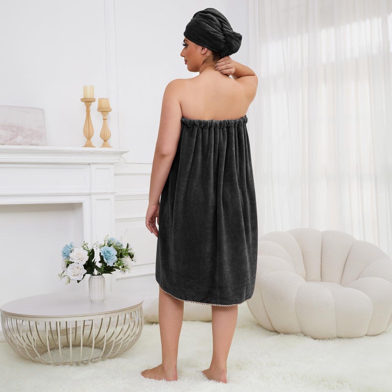 GOSCHE Towel Wrap for Women Plus Size (XXL-XXXXL) with Hair Towel Wrap  Spa Shower Wrap Towel  Adjustable Closure Bath Wrap Oversized Towel  Black - Image 3