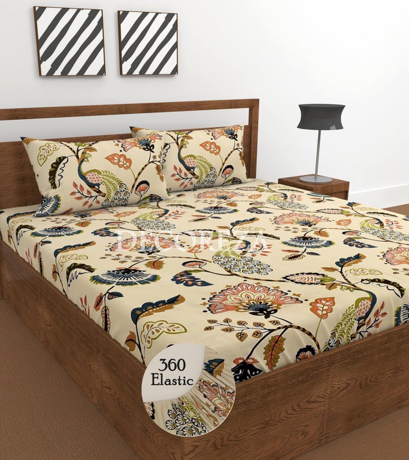 DECOREZA Premium Cotton Feel Elastic Fitted Bedsheet Queen Size 60 x 78 Inch with 2 Pillow Covers | All-Around Elastic | Soft & Breathable | Mattress Upto 10 Inches (Anokhi Beige) - Image 1