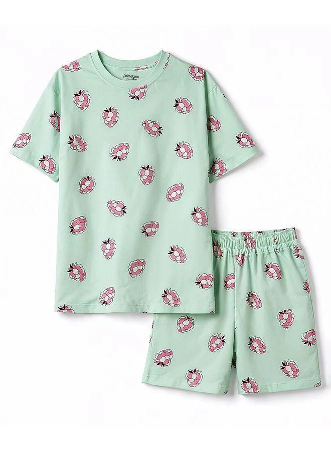 Primo Gino Primo Gino 100% Cotton Knit Half Sleeves Raspberry Printed Short Pajama Set - Light Green