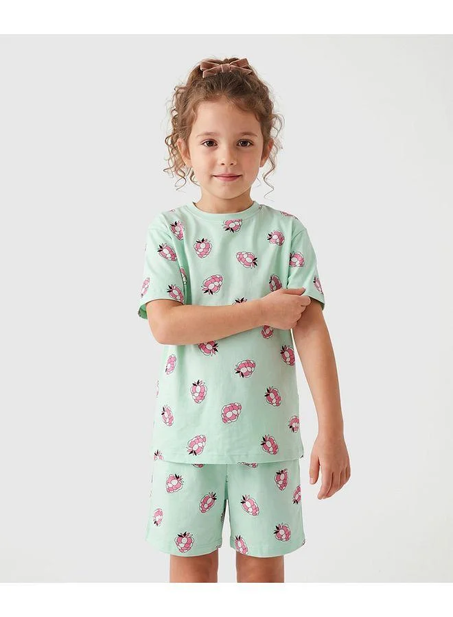 Primo Gino Primo Gino 100% Cotton Knit Half Sleeves Raspberry Printed Short Pajama Set - Light Green