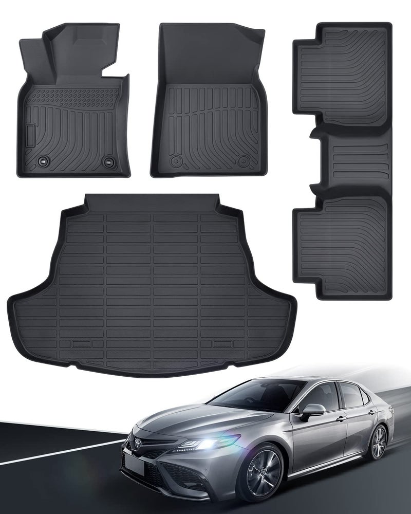 CarQiWireless 2024 2023 for Toyota Camry Floor Mats, 2022 2021 2020 2019 2018, TPE All Weather Protection Waterproof Anti-Slip Front & 2nd Seat & Rear Trunk Mat(Not Fit for Hybrid or AWD), Car Accessories - Image 1