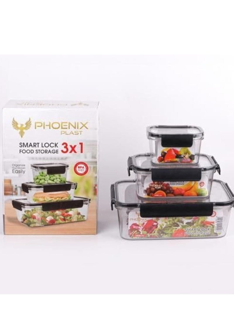 Phoenix Generic Modern Acrylic Refrigerator Food Container Set of 3 Pieces with Airtight Lock - Image 2