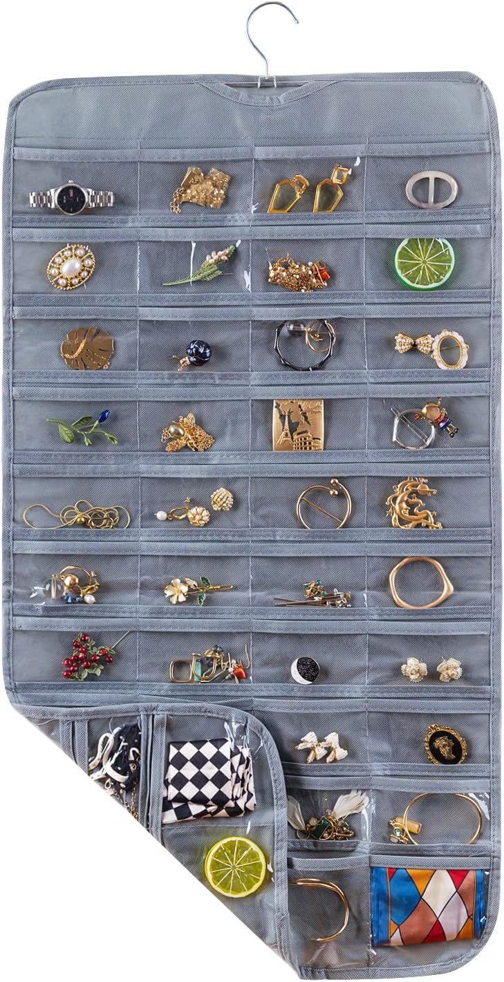 Bloss Hanging Jewelry Organizer With 80 Pockets Jewel Hanger For Jewelry Earring Storage Hanging Pocket Organizers Earring Holder Organizer for Mothers Day Gifts-Gray - Image 1