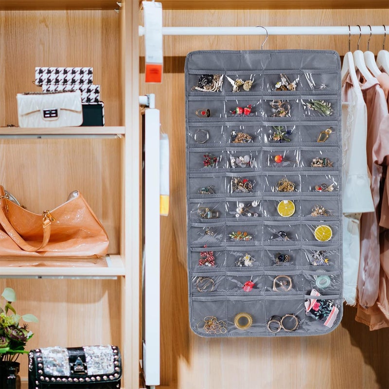 Bloss Hanging Jewelry Organizer With 80 Pockets Jewel Hanger For Jewelry Earring Storage Hanging Pocket Organizers Earring Holder Organizer for Mothers Day Gifts-Gray - Image 4