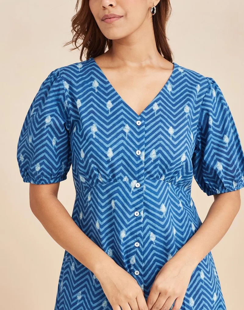 Fabindia  Indigo Cotton Dabu Printed Short Dress for Women | Best Price UAE