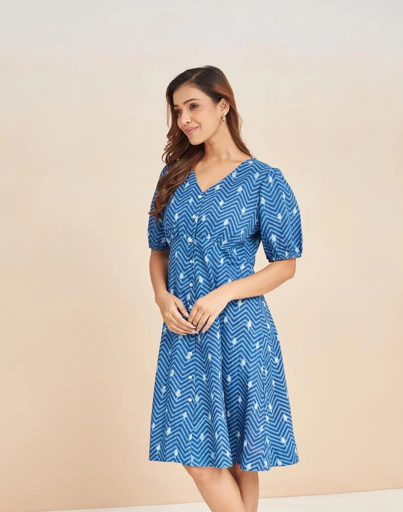 Fabindia  Indigo Cotton Dabu Printed Short Dress for Women | Best Price UAE