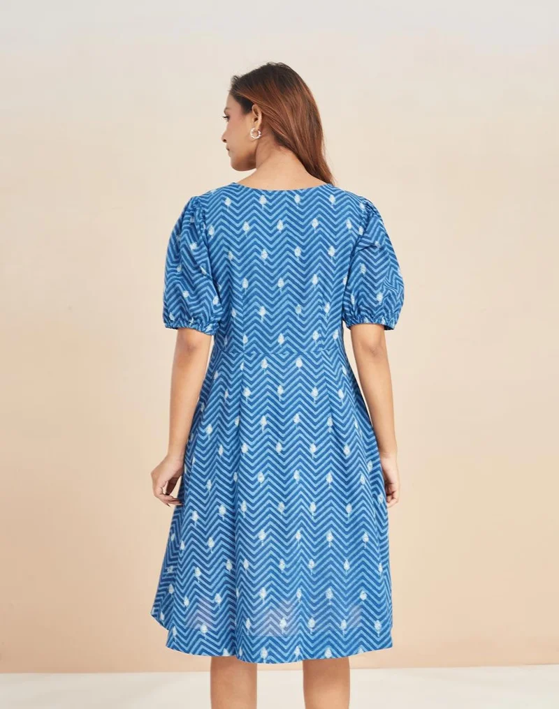 Fabindia  Indigo Cotton Dabu Printed Short Dress for Women | Best Price UAE