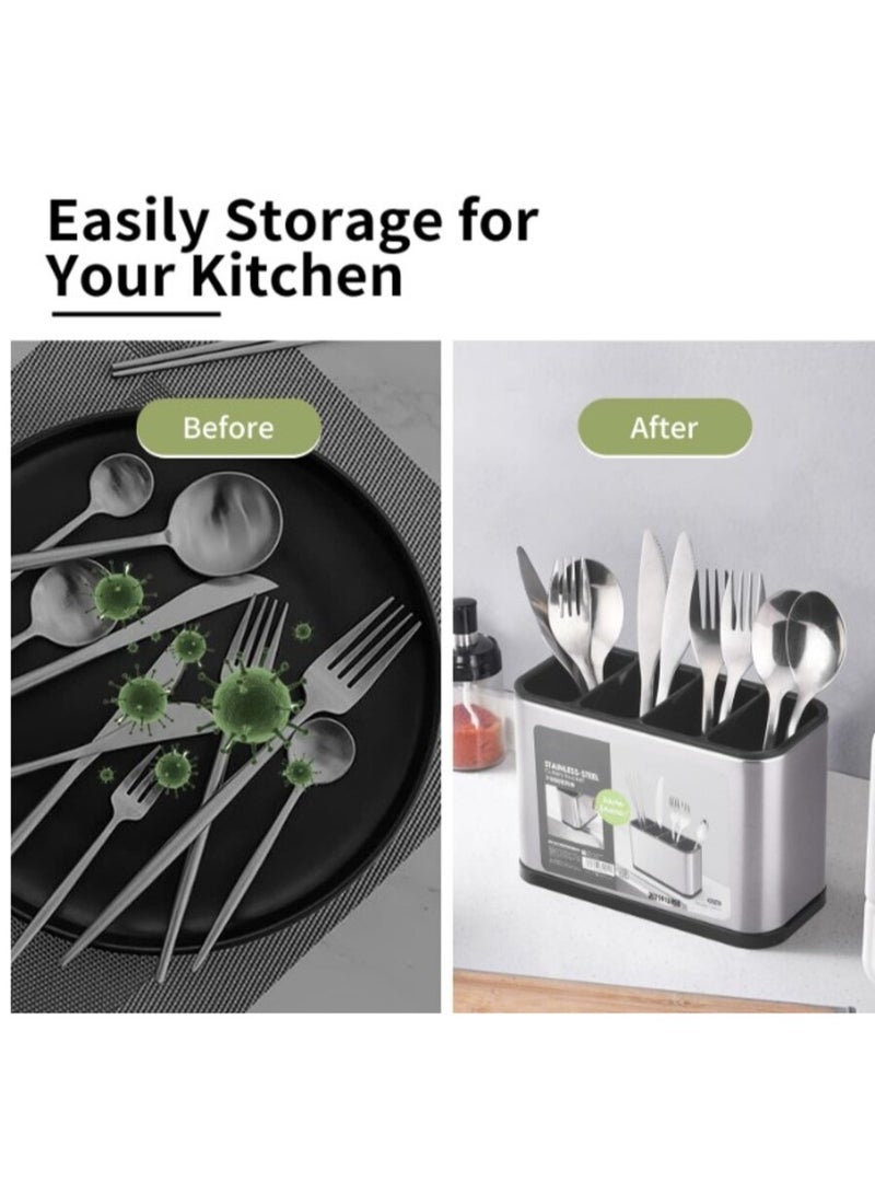 منظم شوك ومعالق للمطبخ ومصفي مصنوع من الفولاذ المقاوم للصدأ - حامل أدوات مطبخ ومنظم لسطح المنضدة من ستانلس ستيل مقسم إلى 4 أقسام لملعقة وشوكة وملعقة سباتولا - مصنوع من الفولاذ المقاوم للصدأ بسعة كبيرة مع فاصل وقاعدة موزونة لمنع الانقلاب، مناسب لجميع المطابخ على الطاولة أو المنضدة - منظم مطبخ للمعالق والشوك - لتنظيم أدوات المطبخ، مناسب للملاعق، الشوك، والسكاكين - مصفاة أدوات المائدة، حامل أدوات المائدة وأدوات المطبخ - Image 3