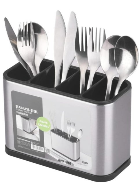 منظم شوك ومعالق للمطبخ ومصفي مصنوع من الفولاذ المقاوم للصدأ - حامل أدوات مطبخ ومنظم لسطح المنضدة من ستانلس ستيل مقسم إلى 4 أقسام لملعقة وشوكة وملعقة سباتولا - مصنوع من الفولاذ المقاوم للصدأ بسعة كبيرة مع فاصل وقاعدة موزونة لمنع الانقلاب، مناسب لجميع المطابخ على الطاولة أو المنضدة - منظم مطبخ للمعالق والشوك - لتنظيم أدوات المطبخ، مناسب للملاعق، الشوك، والسكاكين - مصفاة أدوات المائدة، حامل أدوات المائدة وأدوات المطبخ