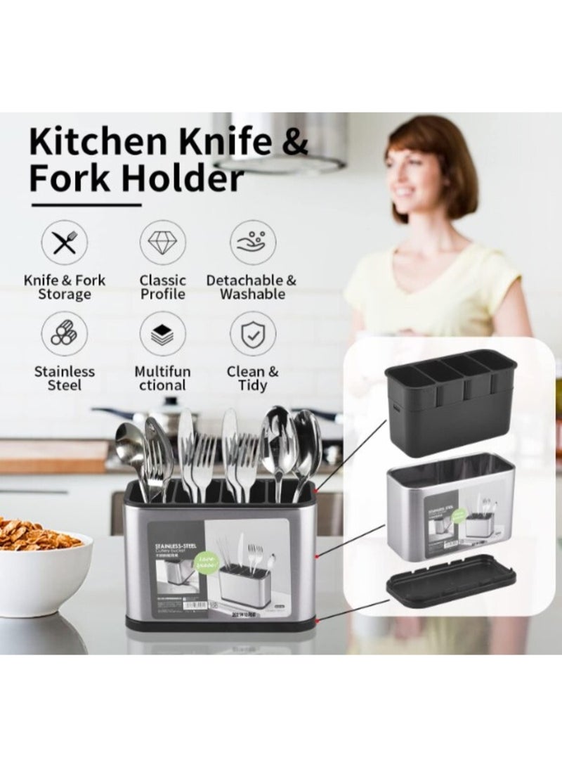 منظم شوك ومعالق للمطبخ ومصفي مصنوع من الفولاذ المقاوم للصدأ - حامل أدوات مطبخ ومنظم لسطح المنضدة من ستانلس ستيل مقسم إلى 4 أقسام لملعقة وشوكة وملعقة سباتولا - مصنوع من الفولاذ المقاوم للصدأ بسعة كبيرة مع فاصل وقاعدة موزونة لمنع الانقلاب، مناسب لجميع المطابخ على الطاولة أو المنضدة - منظم مطبخ للمعالق والشوك - لتنظيم أدوات المطبخ، مناسب للملاعق، الشوك، والسكاكين - مصفاة أدوات المائدة، حامل أدوات المائدة وأدوات المطبخ - Image 2