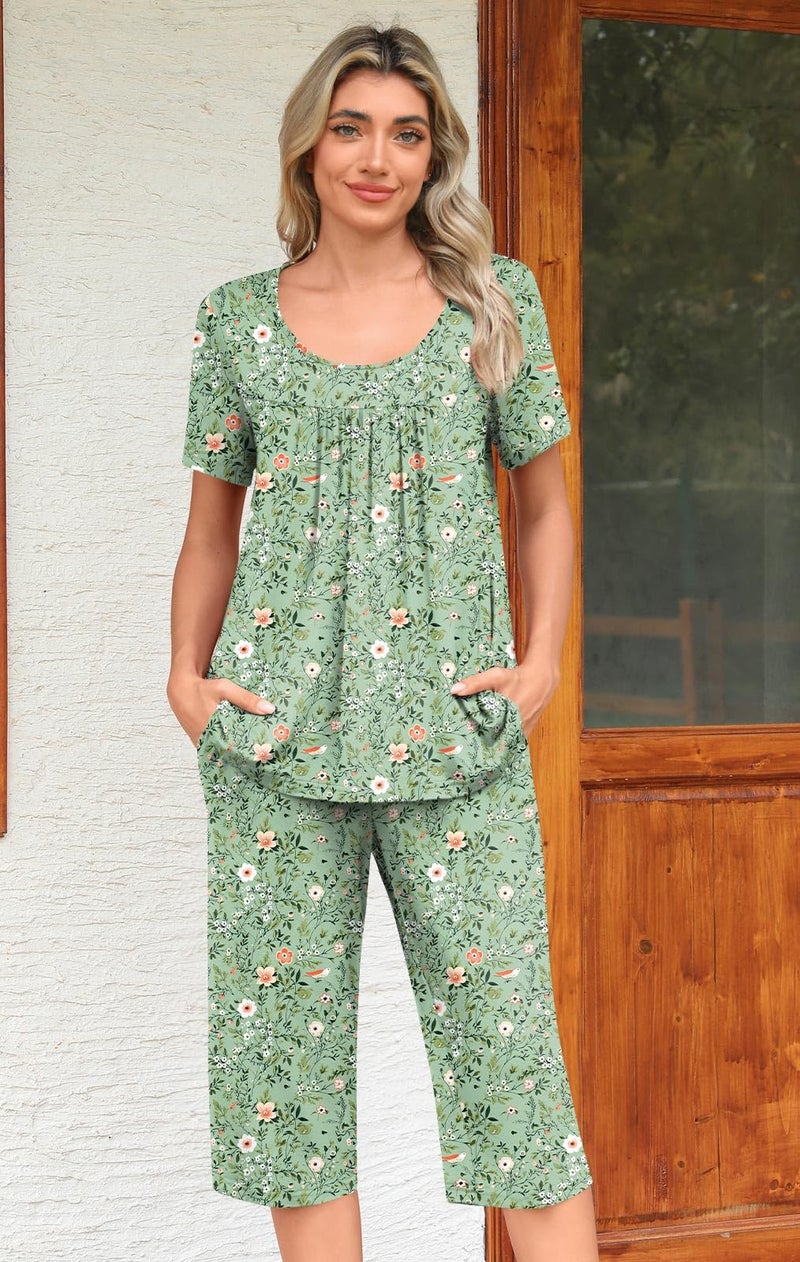 POPYOUNG Plus Size Womens Pajama Sets Summer Ladies Pjs 2 Piece Loungewear Capri with Pockets Sleepwear 2XL, Green Floral/Mix - Image 2