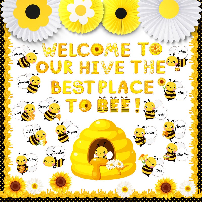 Faccito Bee Bulletin Board Decorations Summer Bee Classroom Decor Sunflower Hive Cutouts Name Tag Cut Outs with Sunflower Paper Fans for Summer Birthday Back to School Party Supplies - Image 1