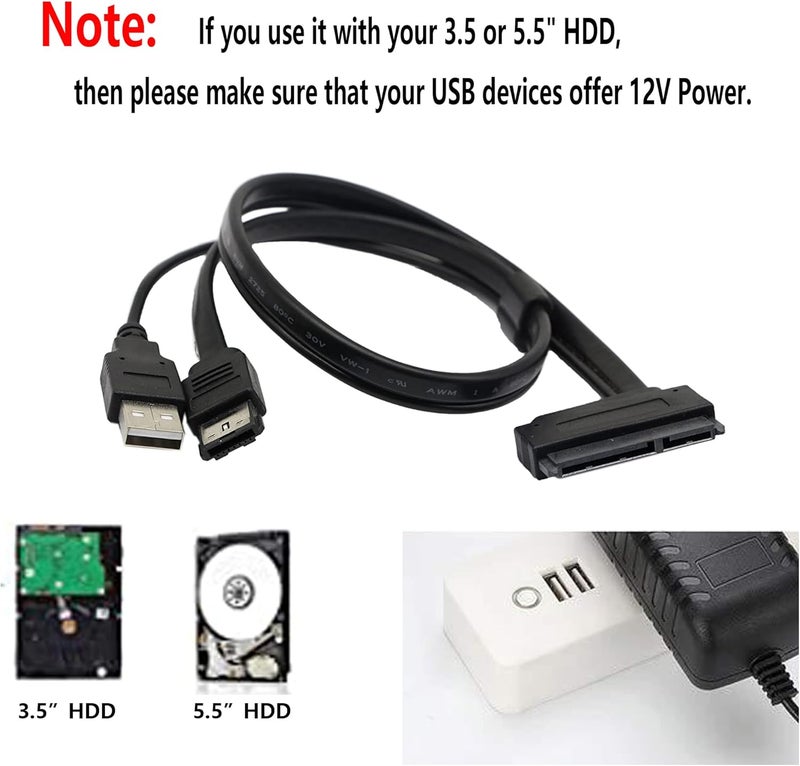 SinLoon 25 Hard Disk Drive SATA 22Pin to eSATA Data USB Powered Cable Adapter for Optimized for SSD Support UASP SATA IIIECSSHDBlack - Image 2