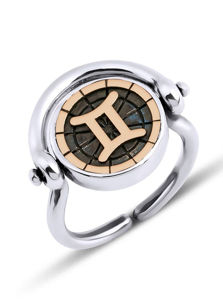 بيج ديزاين خاتم فضة برج الجوزاء للنساء تفاصيل برونزية مرصعة بحجر الزركون خاتم مزدوج الوجهين عيار 925 قيراط من الفضة - Image 1