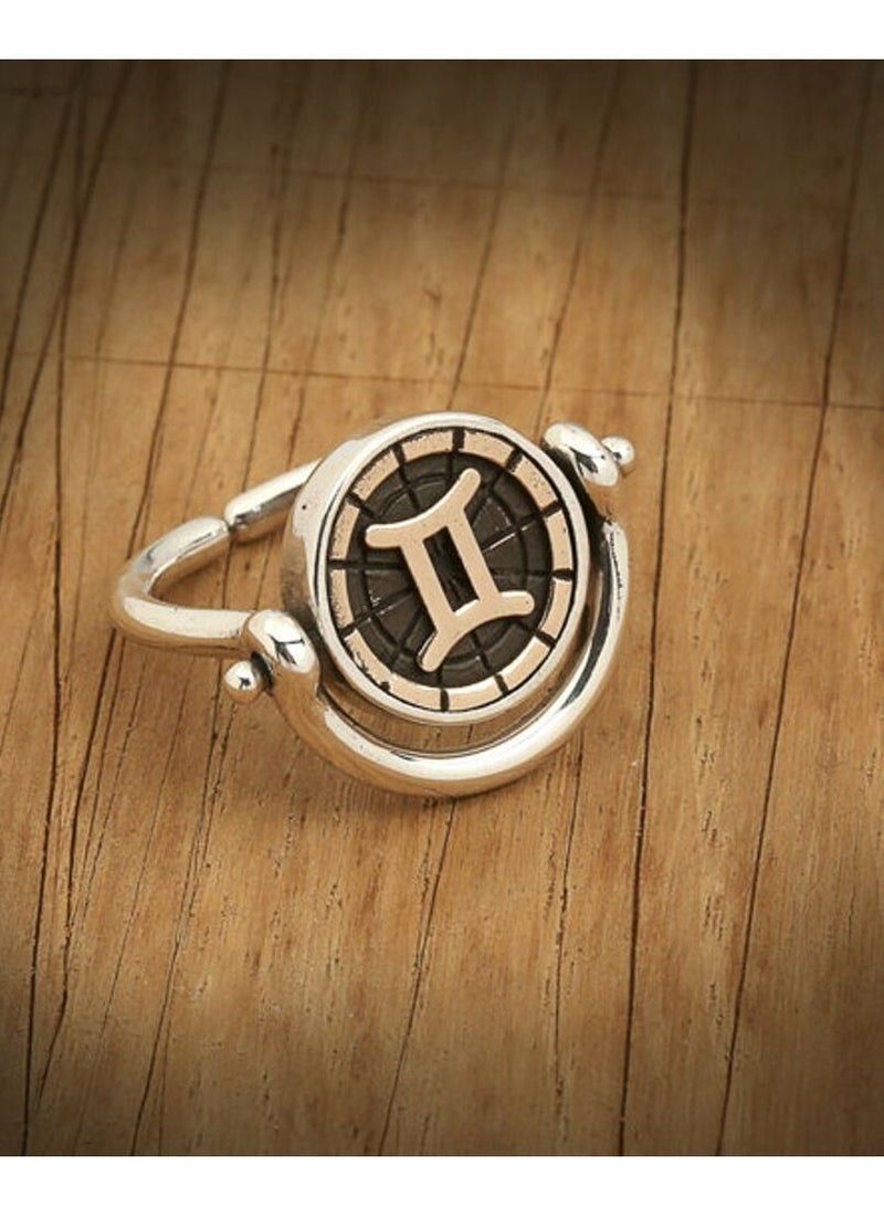 بيج ديزاين خاتم فضة برج الجوزاء للنساء تفاصيل برونزية مرصعة بحجر الزركون خاتم مزدوج الوجهين عيار 925 قيراط من الفضة - Image 2