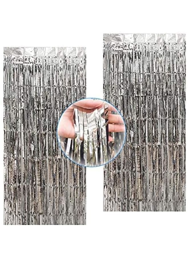 BEILAI 2 3.2 قدم × 8.2 قدم ستائر فويل ستائر معدنية هامشية ستارة خلفية بهرج لامعة لحفلات أعياد الميلاد وحفلات الزفاف وزينة عيد الميلاد (فضي لامع) - Image 5