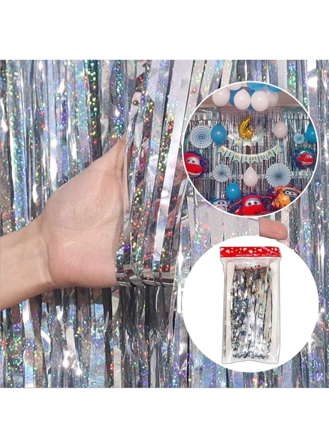 BEILAI 2 3.2 قدم × 8.2 قدم ستائر فويل ستائر معدنية هامشية ستارة خلفية بهرج لامعة لحفلات أعياد الميلاد وحفلات الزفاف وزينة عيد الميلاد (فضي لامع) - Image 4