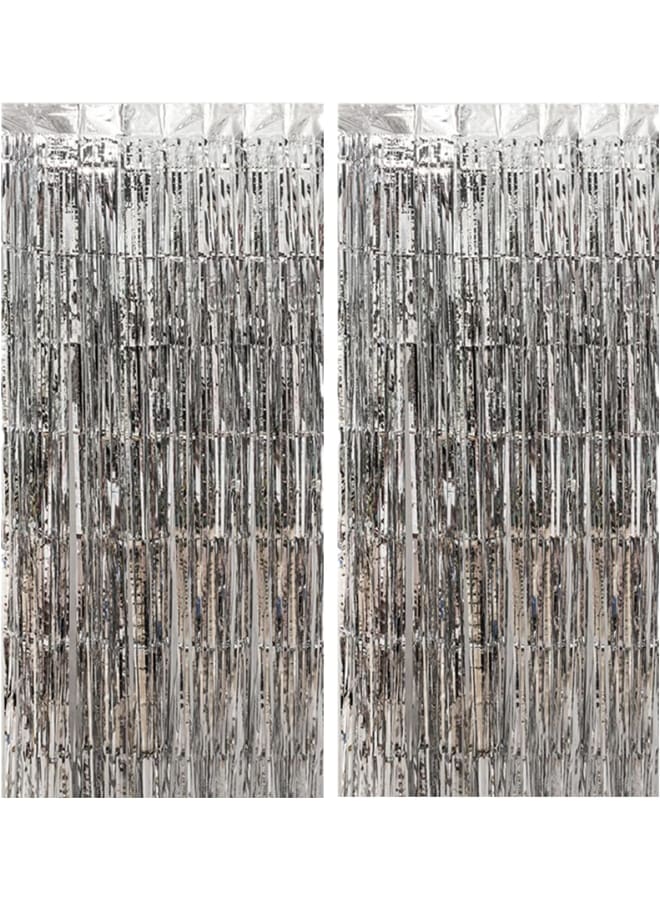 BEILAI 2 3.2 قدم × 8.2 قدم ستائر فويل ستائر معدنية هامشية ستارة خلفية بهرج لامعة لحفلات أعياد الميلاد وحفلات الزفاف وزينة عيد الميلاد (فضي لامع) - Image 1