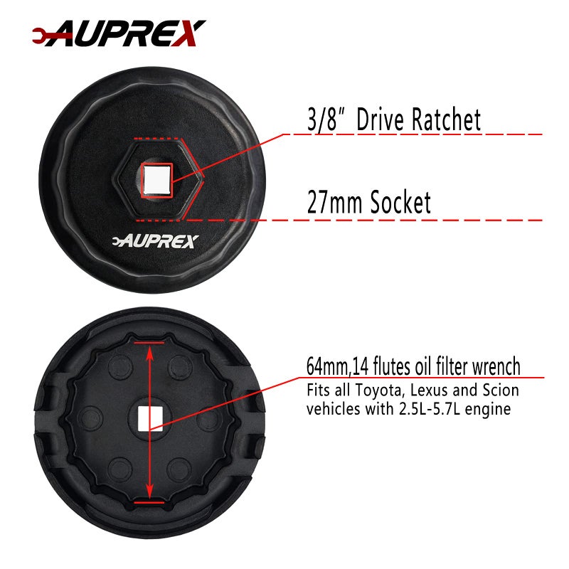 AUPREX Aluminum Oil Filter Wrench for Toyota Camry, Lexus, Tundra, 4Runner, Highlander, RAV4 and More, 64mm 14 Flutes, Black - Image 2