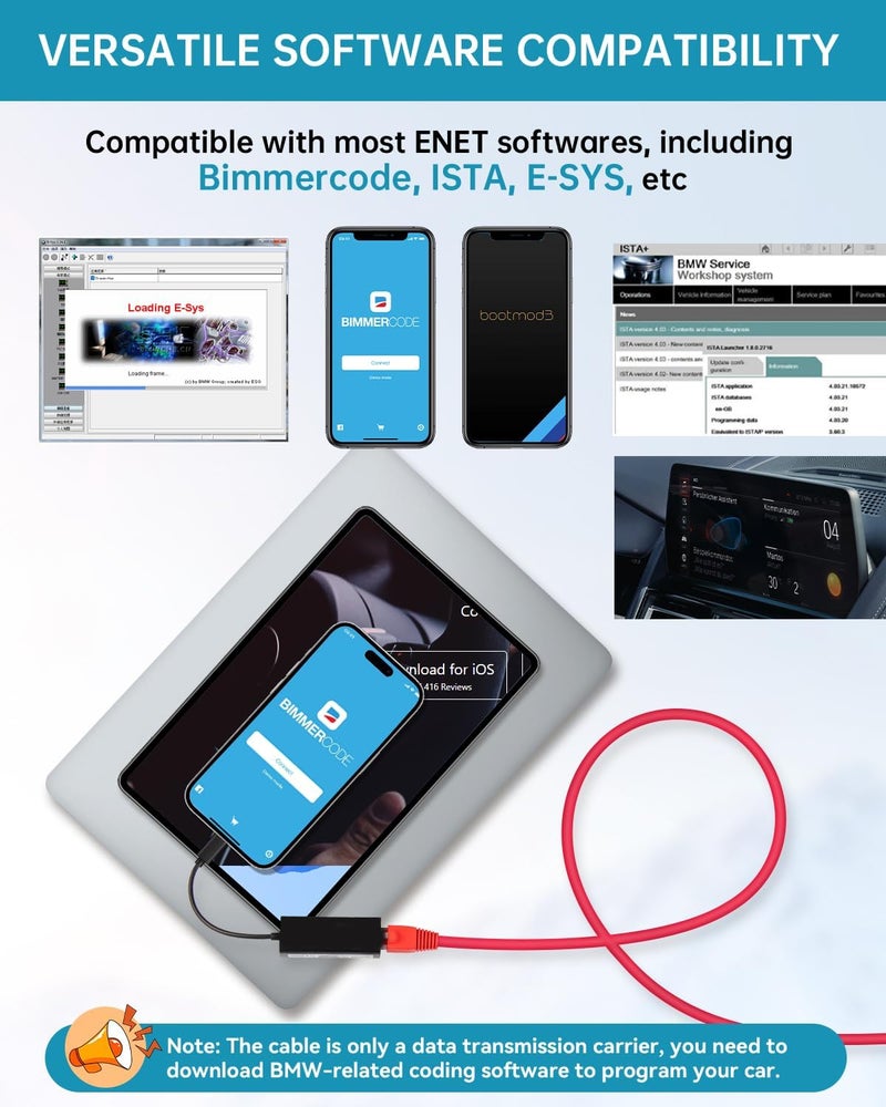ENET OBD2 Cable for BMW F G i Series Coding, 6.5ft Ethernet to OBDII Cable with USB-C Adapter for BMW Software E-SYS ISTA+ - Image 3