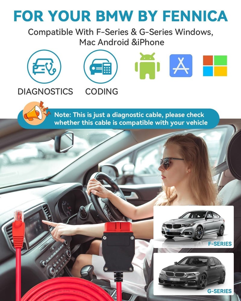 ENET OBD2 Cable for BMW F G i Series Coding, 6.5ft Ethernet to OBDII Cable with USB-C Adapter for BMW Software E-SYS ISTA+ - Image 2