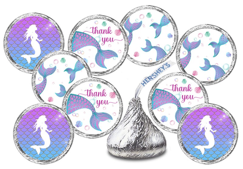 RokAPary 216 Mermaid Kisses Labels Themed Stickers for Baby Shower Or Birthday Party Event Decorations Thank You Stickers Wrappers Favors Great for Tags Supplies Candy NOT Included Made in USA