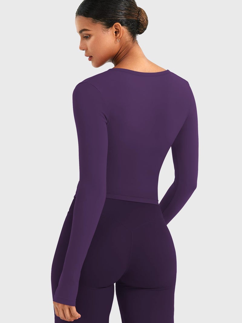 YEOREO Minniy Women Workout Wrap Top Long Sleeve with Thumb Holes V Neck Basic Shirts for Yoga Pilates Going Out Shrug Blouse Dark Purple-M - Image 4