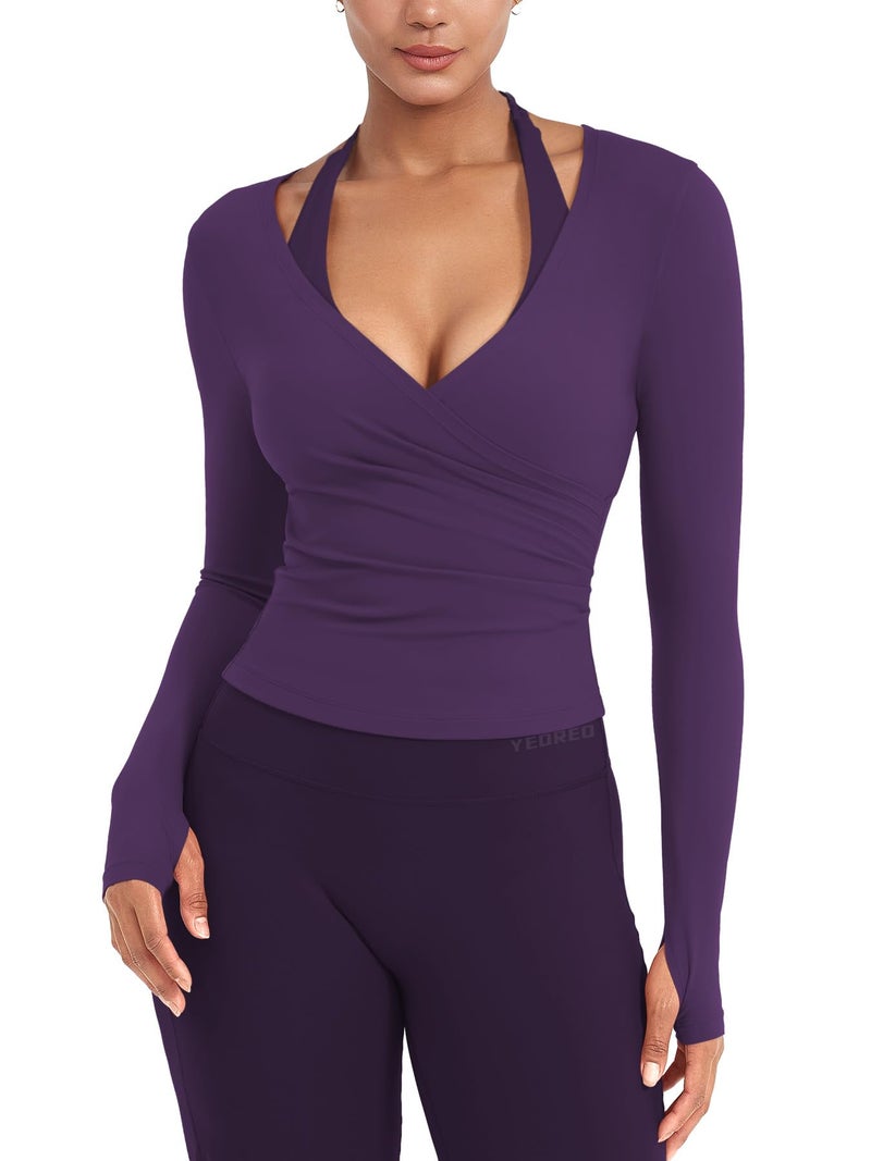 YEOREO Minniy Women Workout Wrap Top Long Sleeve with Thumb Holes V Neck Basic Shirts for Yoga Pilates Going Out Shrug Blouse Dark Purple-M - Image 1