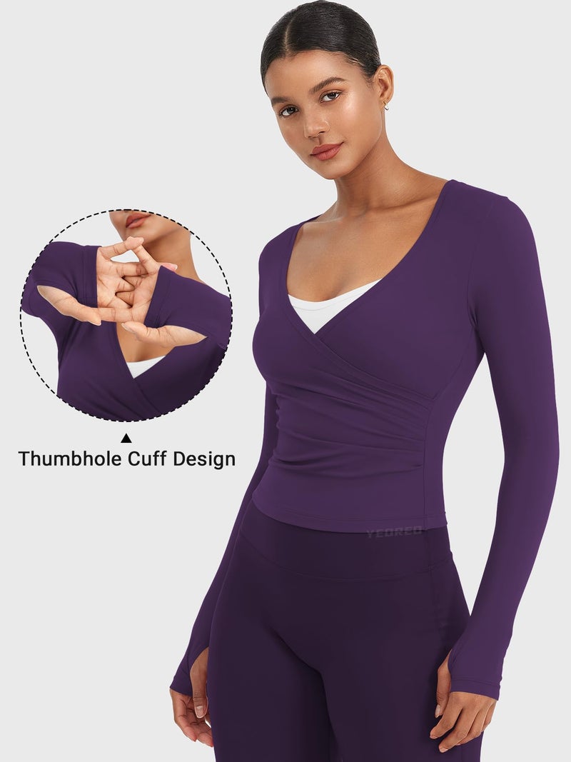 YEOREO Minniy Women Workout Wrap Top Long Sleeve with Thumb Holes V Neck Basic Shirts for Yoga Pilates Going Out Shrug Blouse Dark Purple-M - Image 3