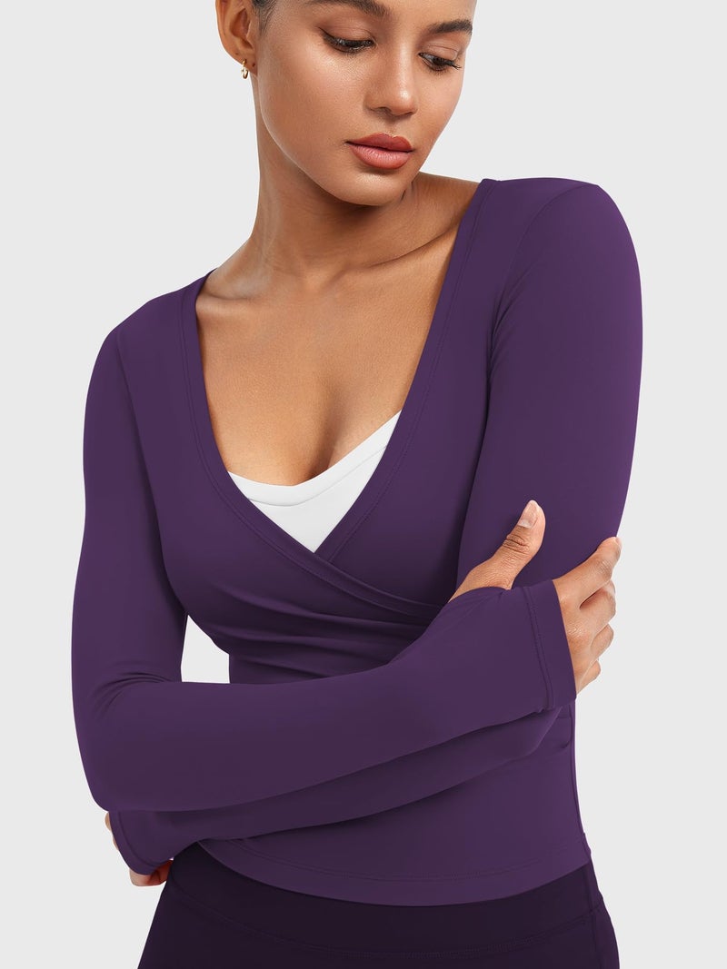 YEOREO Minniy Women Workout Wrap Top Long Sleeve with Thumb Holes V Neck Basic Shirts for Yoga Pilates Going Out Shrug Blouse Dark Purple-M - Image 5