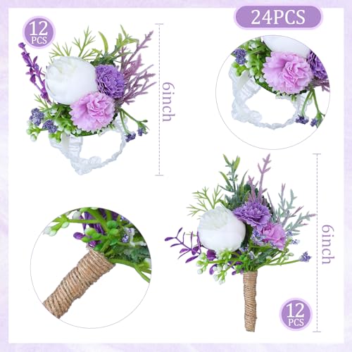 Glitinsel 24 Pcs Wedding Corsage and Boutonniere Set Artificial Rose Wedding Corsage Wristband with Pins for Prom Men Bride Party Accessories Groom Groomsmen Bridesmaids Women (Classic,Purple) - Image 2