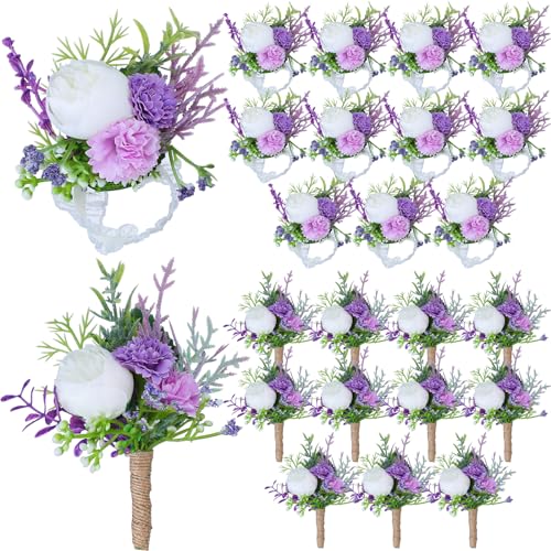 Glitinsel 24 Pcs Wedding Corsage and Boutonniere Set Artificial Rose Wedding Corsage Wristband with Pins for Prom Men Bride Party Accessories Groom Groomsmen Bridesmaids Women (Classic,Purple) - Image 1