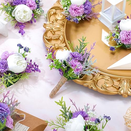 Glitinsel 24 Pcs Wedding Corsage and Boutonniere Set Artificial Rose Wedding Corsage Wristband with Pins for Prom Men Bride Party Accessories Groom Groomsmen Bridesmaids Women (Classic,Purple) - Image 3
