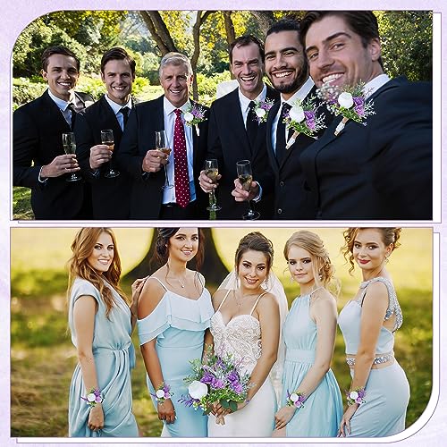Glitinsel 24 Pcs Wedding Corsage and Boutonniere Set Artificial Rose Wedding Corsage Wristband with Pins for Prom Men Bride Party Accessories Groom Groomsmen Bridesmaids Women (Classic,Purple) - Image 4