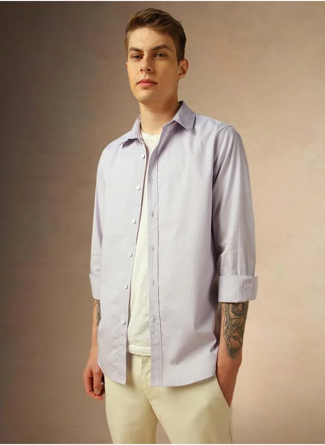 دينيس لينغو Lilac Cotton Solid Pattern Regular Fit Shirts for Men with Spread Collar Neckline Full Sleeves Regular Length Upper Body Wear Button Down Button Closure Woven Weave - Perfect for Lifestyle Occasions