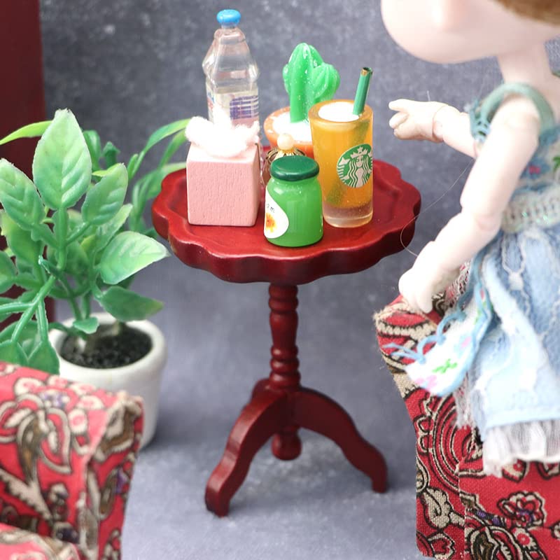 Cutemini Miniature Dollhouse End Table 1:12 Scale Wooden Furniture Round Side Tea Table Model for Dollhouse Living Room Scene Decoration Gift (Brown) - Image 5
