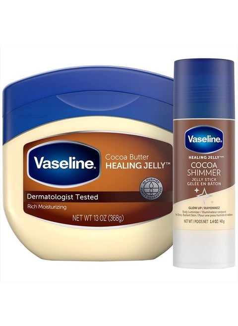 Rich Moisturizing Healing Jelly Cocoa Butter, 13 oz Bundled with Cocoa Shimmer Jelly Stick, 1.4 oz. Provides Radiant and Shimmering Moisturized Skin with Pleasant Cocoa Butter Scent