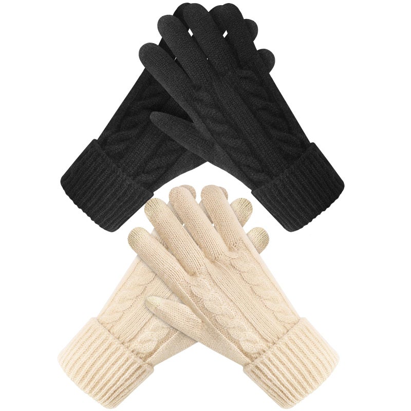 Pleneal Winter Gloves for Women Cold Weather - Womens Gloves Warm Touch Screen Fleece Lined Elastic Cuff Knit Glove 2 Pairs - Image 1