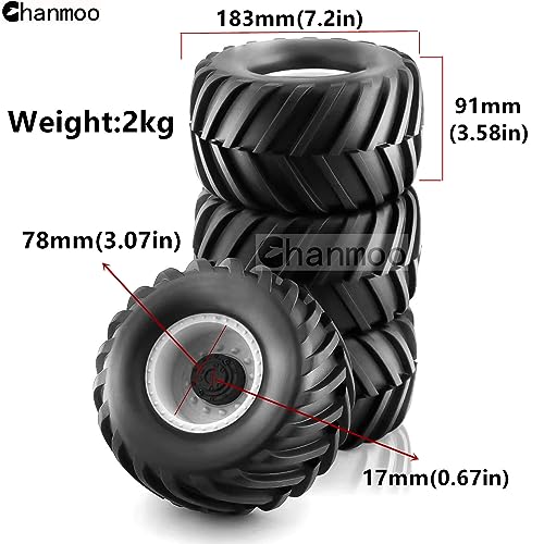 Chanmoo 1/8 RC Monster Truck Tires and 17mm Hex Wheels Rims Rubber Buggy Tyres for 1:8 Scale Off Road Truck Car Kaiju Tmaxx E-Revo 3.3 Arrma Kraton 6S Typhon 3S Traxxas Maxx HPI Redcat 4PCS (Black) - Image 2
