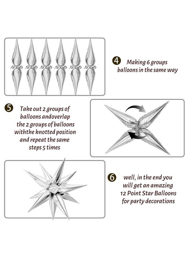 Moukiween 60 PCS Silver Star Balloons, 12 Point Cone Explosion Star Foil Balloons for Birthday Party New Year, Christmas, Graduation, Baby Shower Party Decoration (Silver) - Image 4