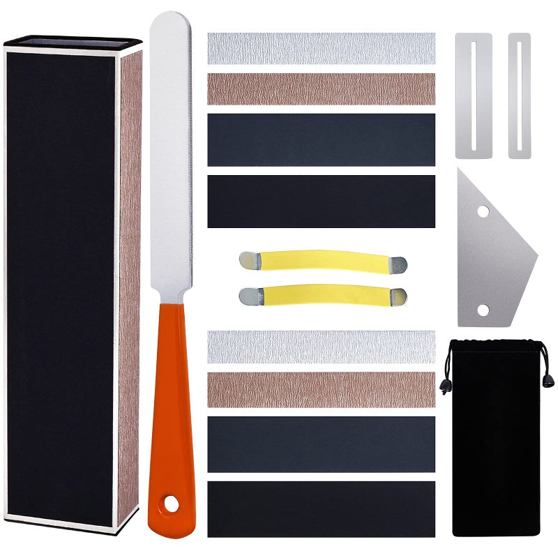 Guitar Luthier Tool Kit Including Fret Crowning File, Fret Leveler Sanding Beam, Fret Rocker, String Spreaders, Fingerboard Guards, and Replacement Sanding Papers for Guitar Bass Fret Leveling Kit