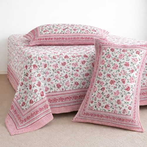 ElanorHomes 240 TC Cotton Double King Size Bedsheet | Ultra-Soft & Skin-Safe | Breathable Summer Comfort | 93x108 inches with 2 Pillow Covers (Pink Shalimar Jaal) - Image 1