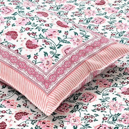 ElanorHomes 240 TC Cotton Double King Size Bedsheet | Ultra-Soft & Skin-Safe | Breathable Summer Comfort | 93x108 inches with 2 Pillow Covers (Pink Shalimar Jaal) - Image 2