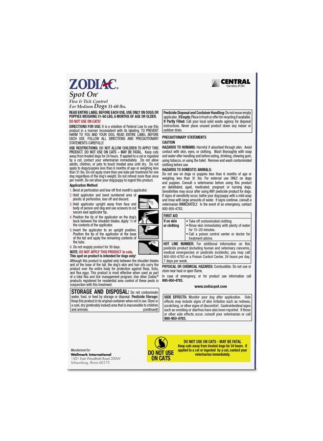 Zodiac Flea & Tick Spot On for Medium Dogs 31-60 lbs/4-pk - Image 2