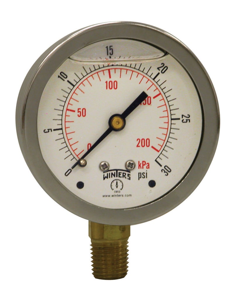 Winters Instruments أدوات وينترز - PFQ802 -802 سلسلة PFQ مقياس ضغط سائل مملوء بالفولاذ المقاوم للصدأ 304 مع مكونات نحاسية، 0-30 psi/kpa، عرض قرص 2-1/2"، دقة +/-1.5%، تركيب سفلي 1/4" NPT - Image 1