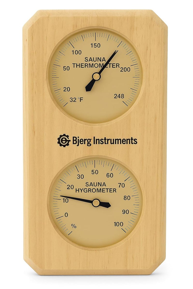 Bjerg Instruments Sauna Thermometer and Hygrometer - 2-in-1 Indoor Analog Temperature & Humidity Gauge with Pine Wood Frame, for Sauna Rooms - 3.5" Dial Wall-Mounted Meter (0–100% RH, Up to 248°F) - Image 1