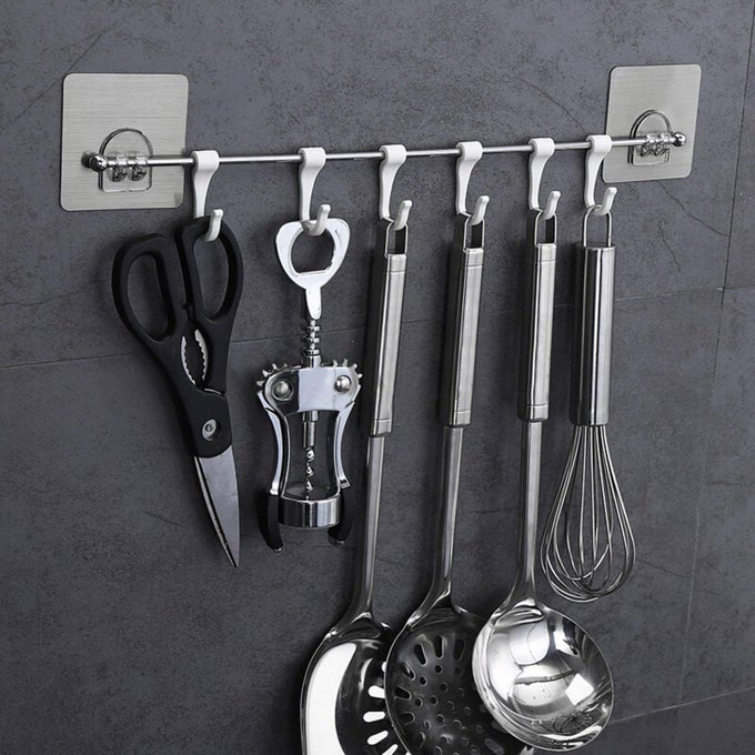 SELF ADHESIVE STAINLESS STEEL AND PLASTIC ROD WITH 6 HOOKS WALL MOUNTED UTENSIL HANGING RACK HOLDER BATHROOM TOWEL HANGER KITCHEN HANGER HOOKS MULTICOLOUR