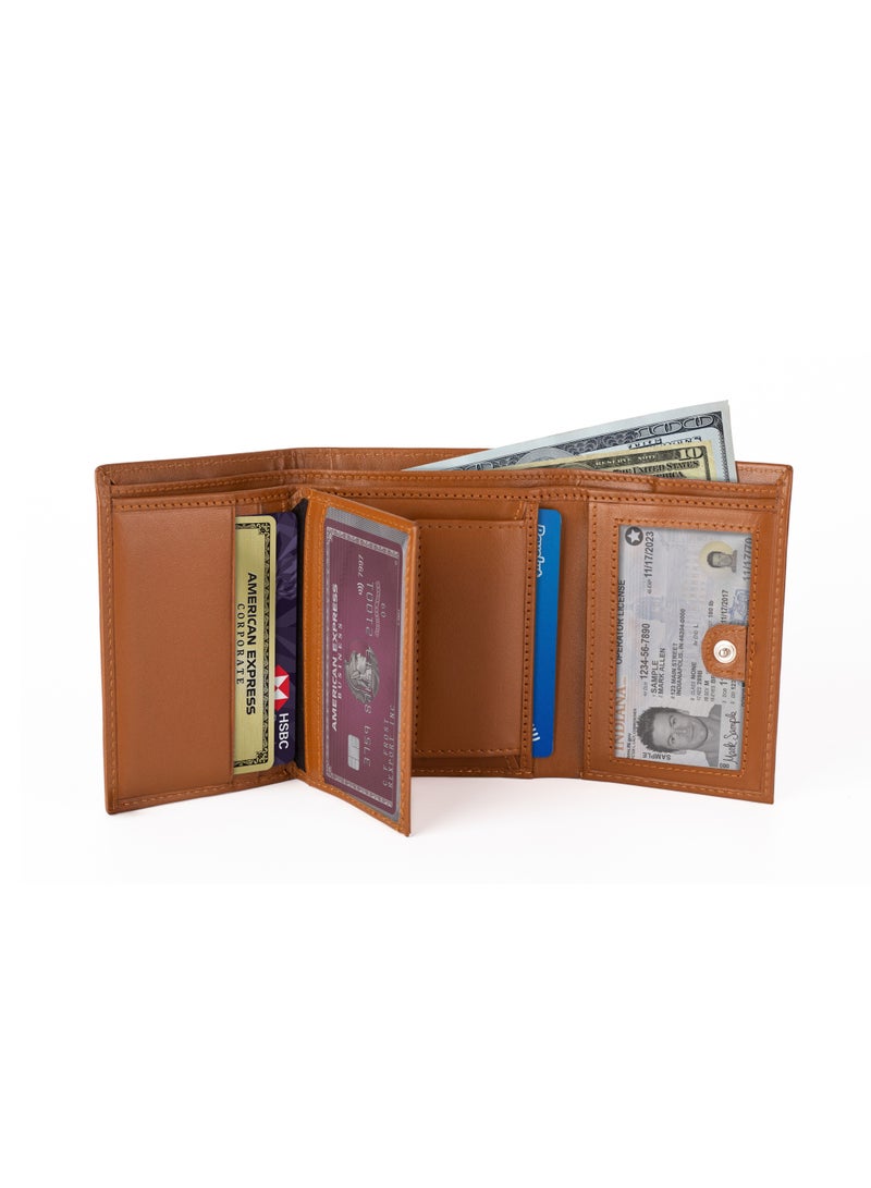SKENZBI Trifold Wallet for Men 100% Leather RFID Protection with ID Window ,Coin Pocket Tan - Image 3