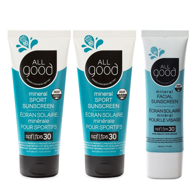 All Good Sport Mineral Sunscreen & Facial Sunscreen Bundle - UVA/UVB Broad Spectrum SPF 30+ - Includes (2) SPF 30 Sport Sunscreen and (1) SPF 30 Facial Sunscreen